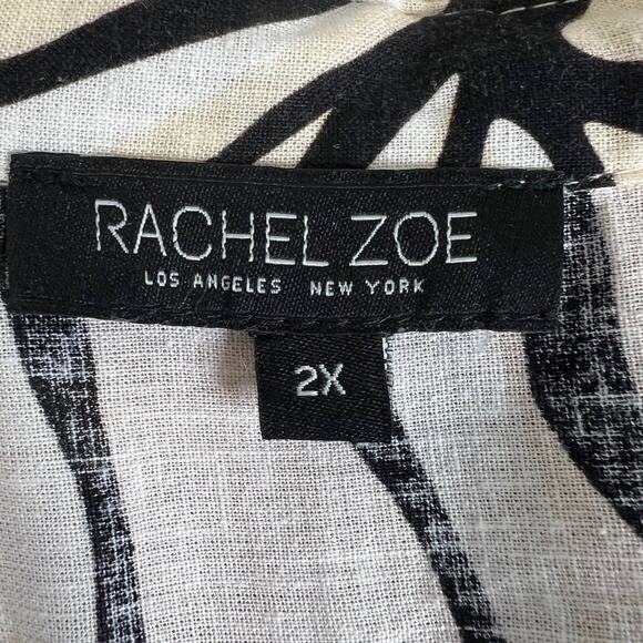 Rachel Zoe Womens Blouse 2X Black Beige Floral Linen Blend Button Up Coastal - Picture 4 of 6